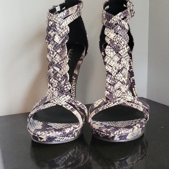 Michael Antonio Brown and Cream Snakeskin 5" High Heeled Sandals Size 8.5 - Picture 6 of 15